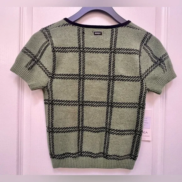 RVCA‎ XS Leaf Green Plaid Crop Sweater Betty Top Short Sleeve Grunge NWT - Picture 8 of 12